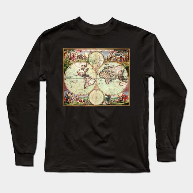 Antique Double Hemisphere Map by Frederick de Wit, c1665 Long Sleeve T-Shirt by MasterpieceCafe